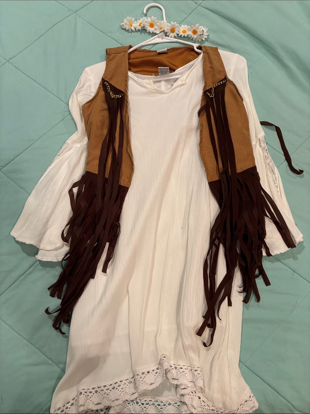 Girls Cream Peasant Dress with Brown Fringe Vest Costume